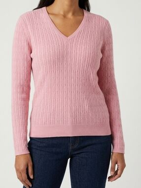 Brooks Brothers Silk Cashmere Cable Knit Sweater Pink V Neck Women L